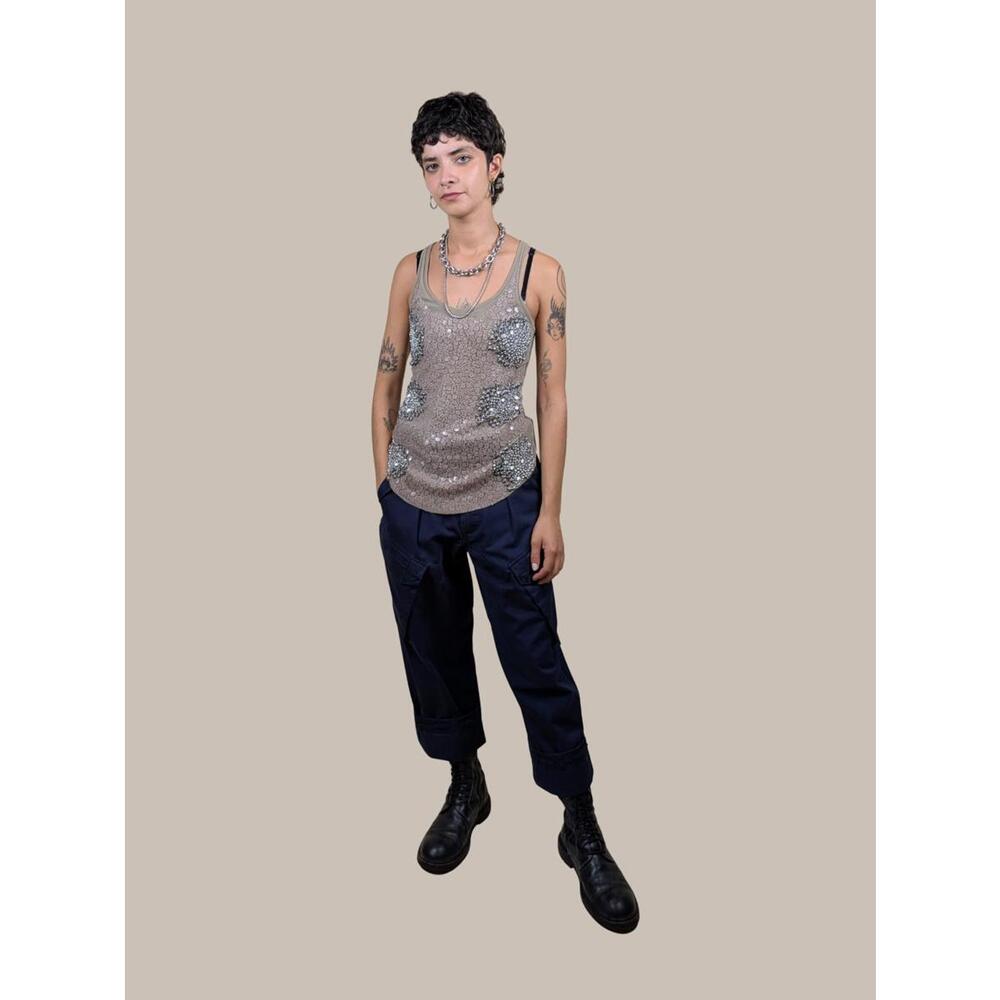 heavily embellished grey racer tank top